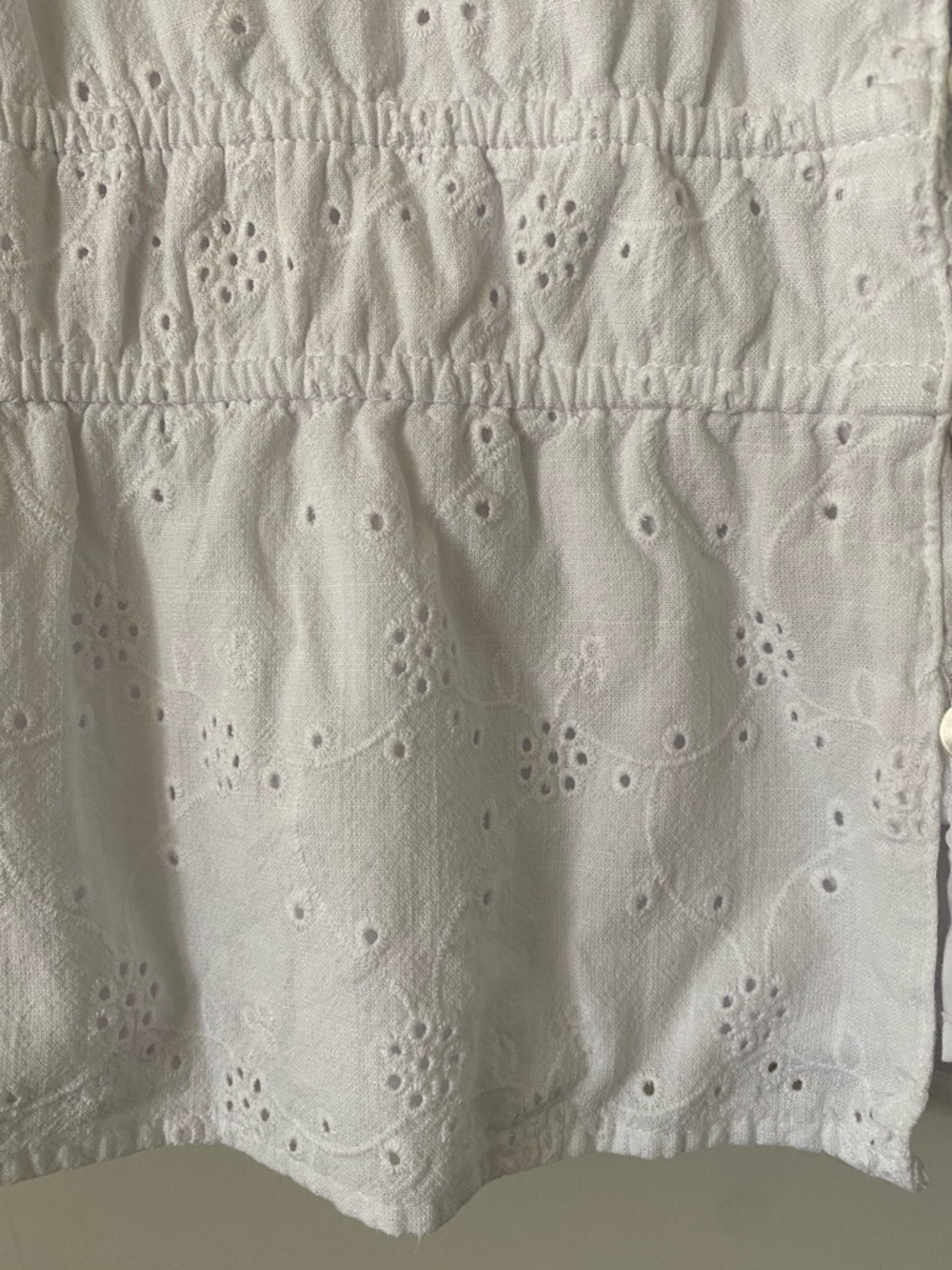 White Eyelet Whimsy Garden Cottage Prairie V-Neck Smocked Peplum Lined Blouse - Picture 5 of 7